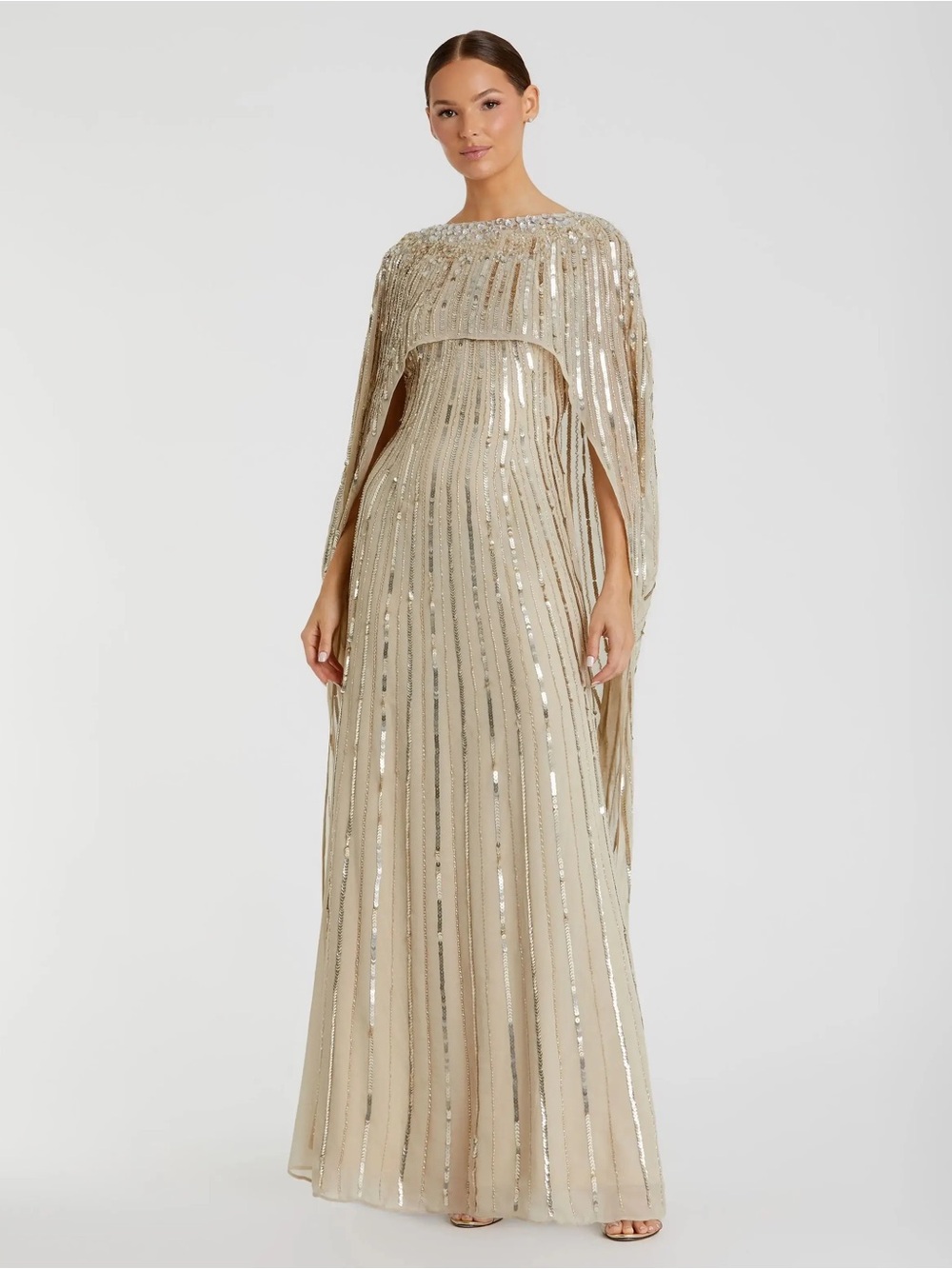 Mac Duggal 93869 Gold Embellished Beaded Column Cape Gown sz 6